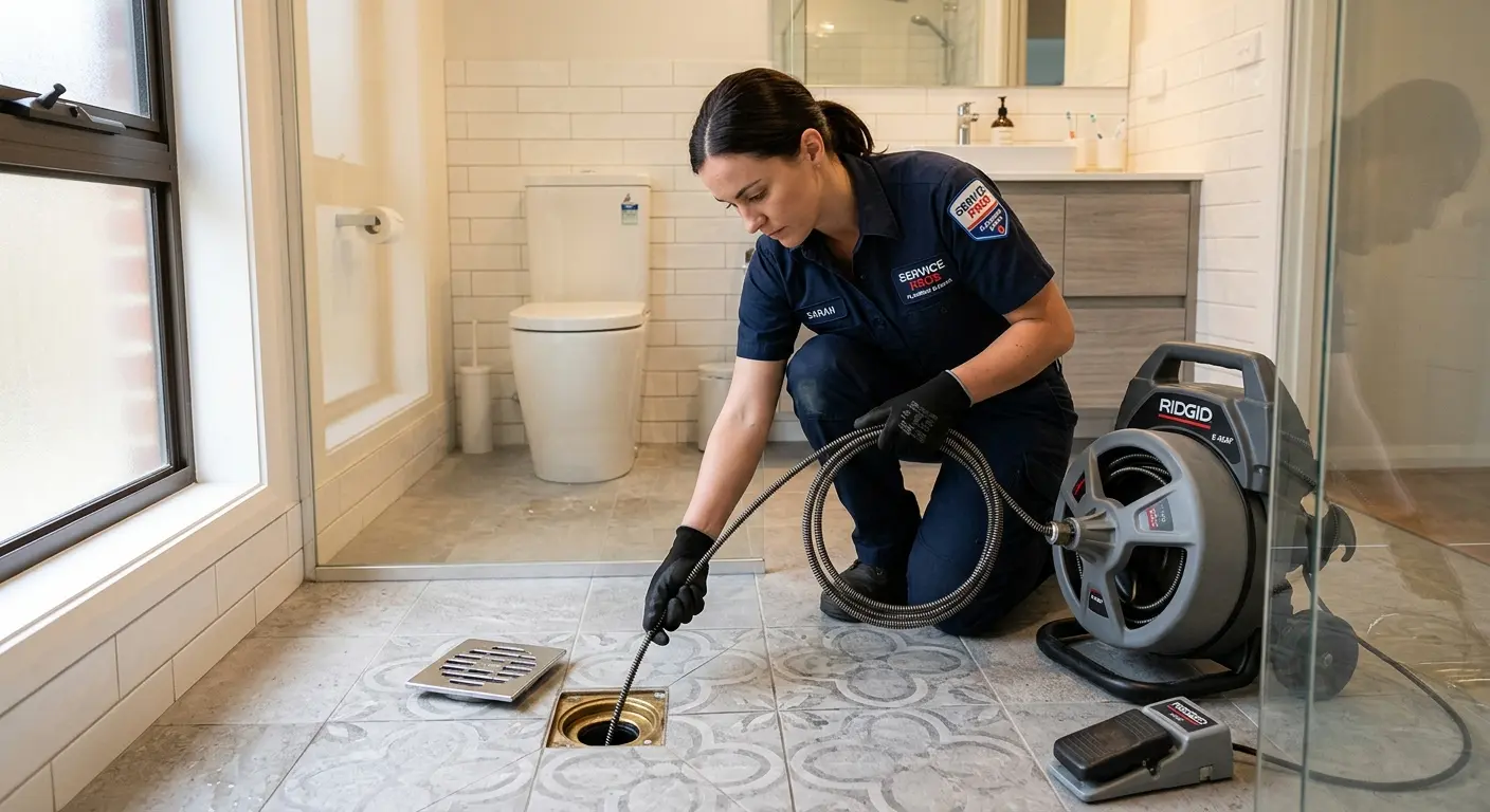 Technician clearing a bathroom floor drain for Hydro Jetting in Covington